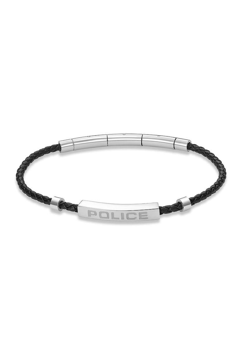 Bratara de piele cu logo metalic - Negru/Argintiu