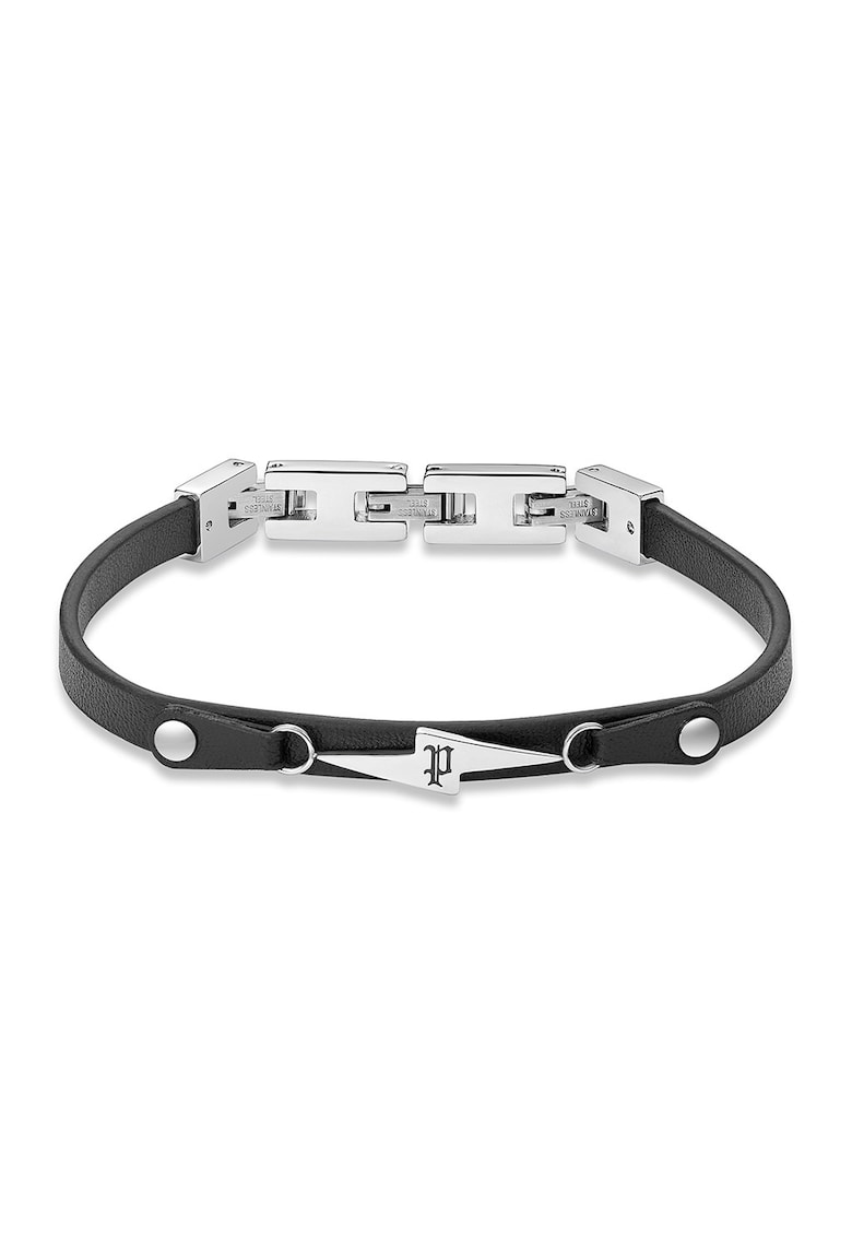 Bratara de piele cu monograma mica - Negru antracit/Argintiu