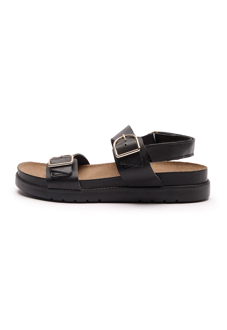Sandale de piele cu talpa plata si velcro Grace - Negru