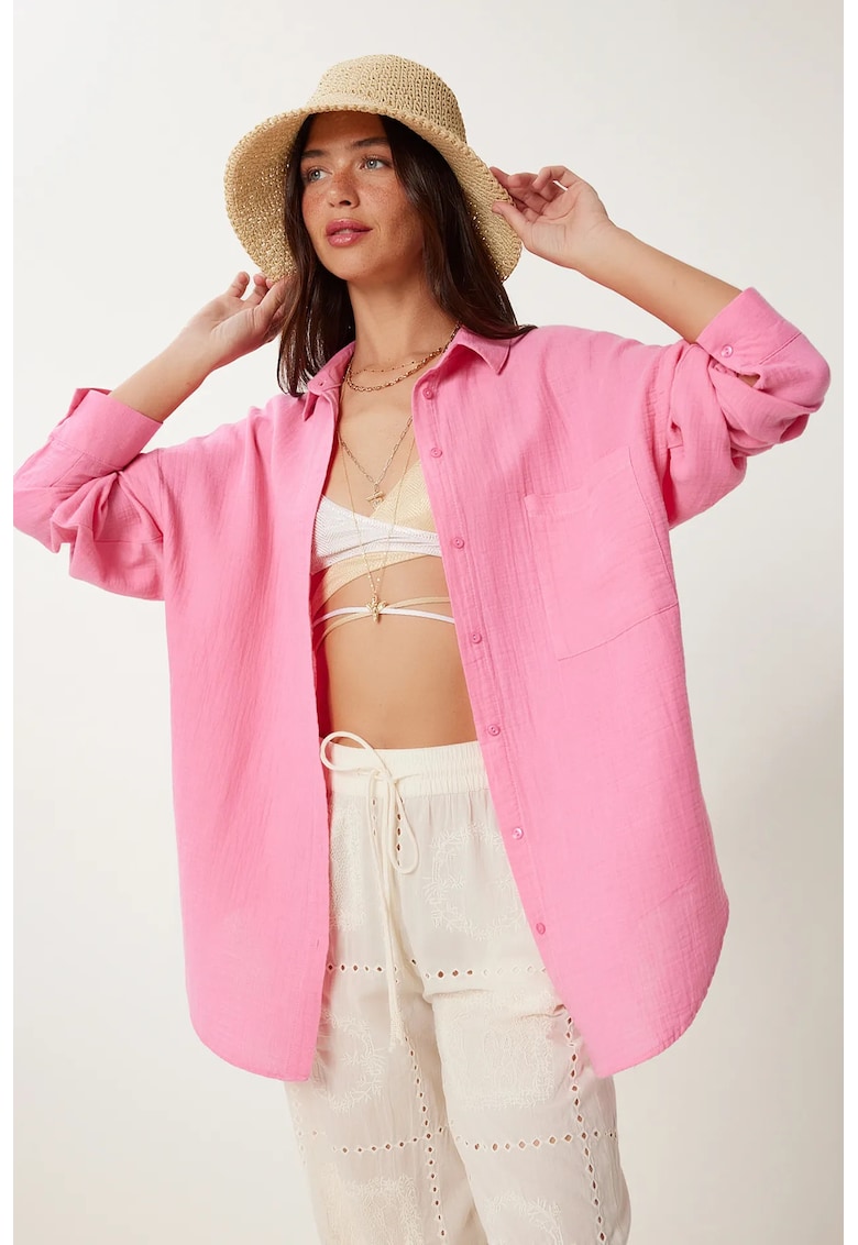Camasa dama - Happiness Istanbul - camasa oversized - bumbac 100% - roz pudra - maneca lunga - buzunar
