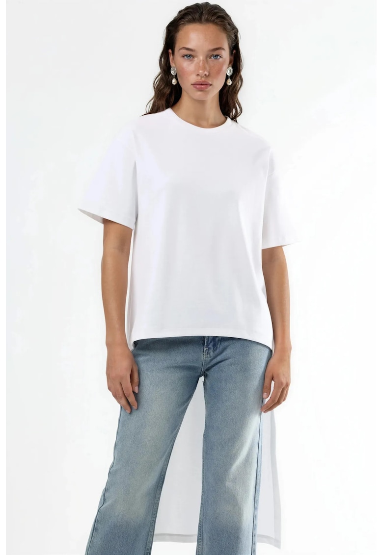 Bluza tunica supradimensionata - maneci scurte - alb - bumbac cu elastan