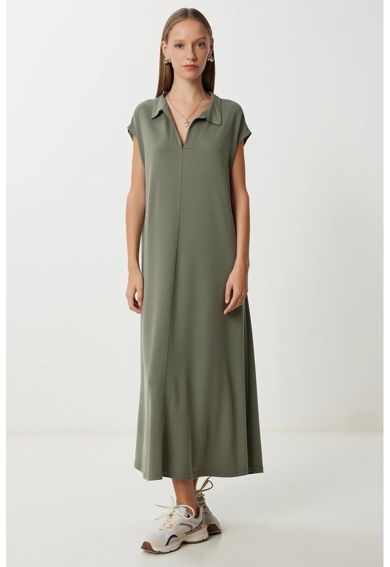 Rochie midi - Happiness Istanbul - guler polo - buzunar - kaki - bumbac -