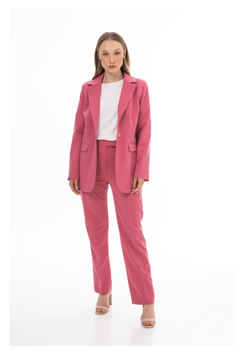 Sacou Elegant De Dama - Zmeura - Design Clasic Atemporal - Material Premium Cu Viscoza Si Elastan - Croiala Alungita Ce Subtiaza Silueta - Rever Elegant - Buzunare Cu Clape Si Inchidere Cu Un Nasture - Haine Office Casual De Lux - Roz zmeuriu