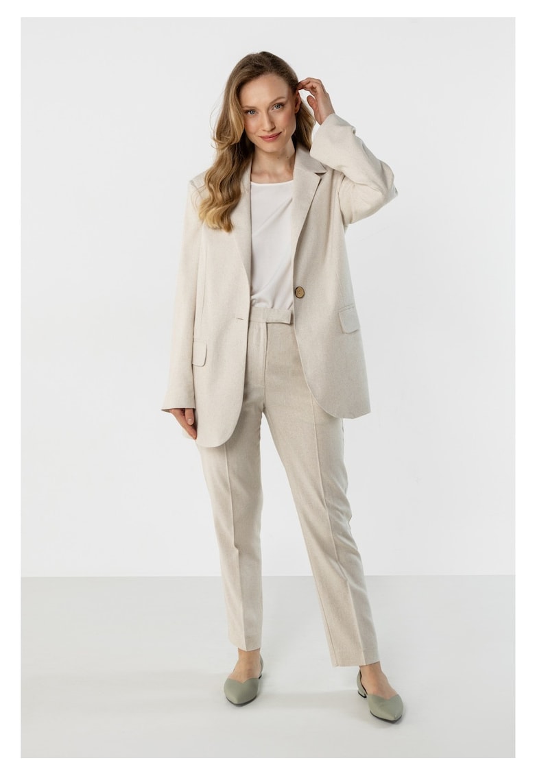 Sacou Casual Elegant De Dama - Bej Deschis - Design Clasic Minimalist - Material Premium Cu In Bumbac Si Viscoza - Croiala Usor Alungita Prevazuta Cu Rever Si Inchidere Cu Un Nasture - Jacheta Subtire Racoroasa De Vara - Lux - Bej