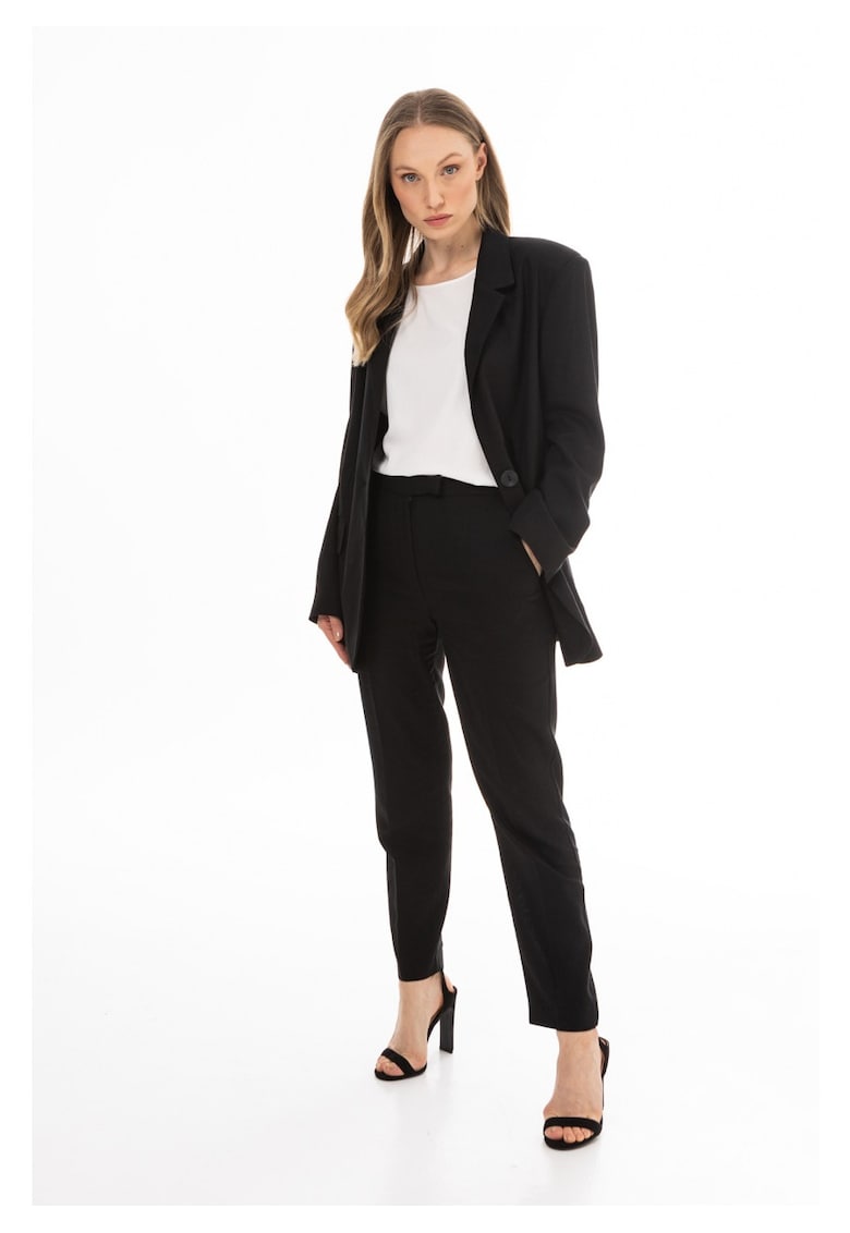 Sacou Casual Elegant De Dama - Negru - Design Clasic Minimalist - Material Premium Natural Cu In Bumbac Si Viscoza - Croiala Confortabila Prevazuta Cu Rever Si Buzunare Cu Clape - Jacheta Racoroasa Versatila Pentru Vara - Lux - Negru