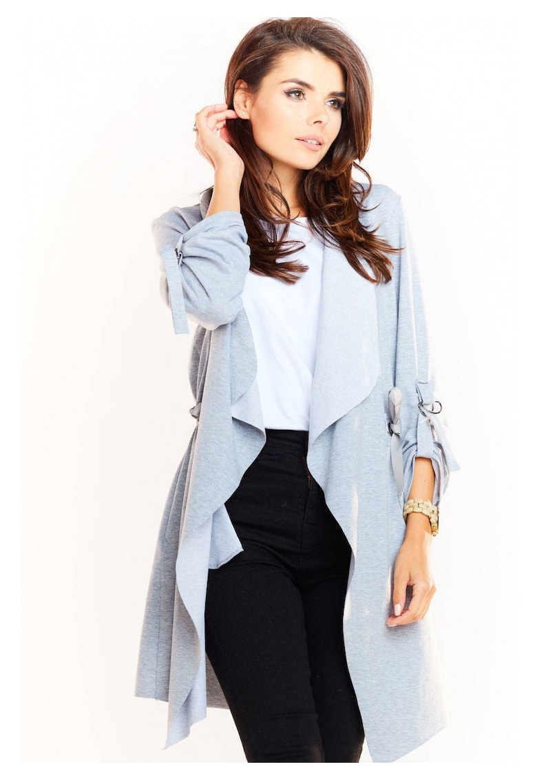 Sacou Casual De Dama Tip Cardigan Fara Inchidere - Marimea S/M - Gri - Design Minimalist - Material Premium Moale Cu Bumbac Si Elastan - Croiala Confortabila Cu Talie Ajustabila Cu Snur - Maneci Lungi - Ideala Pentru Tinute De Zi - Lux