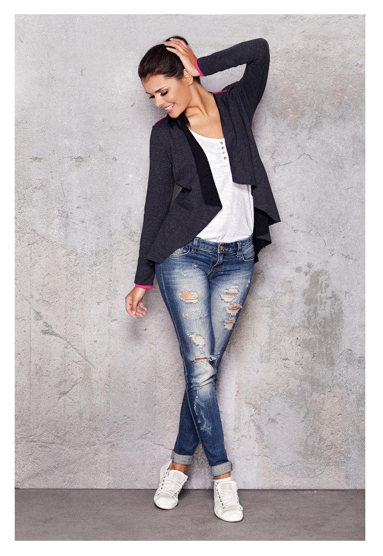 Sacou Tip Cardigan Casual Lejer De Dama Fara Inchidere - Gri Grafit - Design Minimalist - Material Premium Din Bumbac Si Elastan - Maneci Lungi - Croiala Confortabila Ce Ofera Libertate De Miscare - Tinuta Practica De Zi Casual De Lux - Gri grafit
