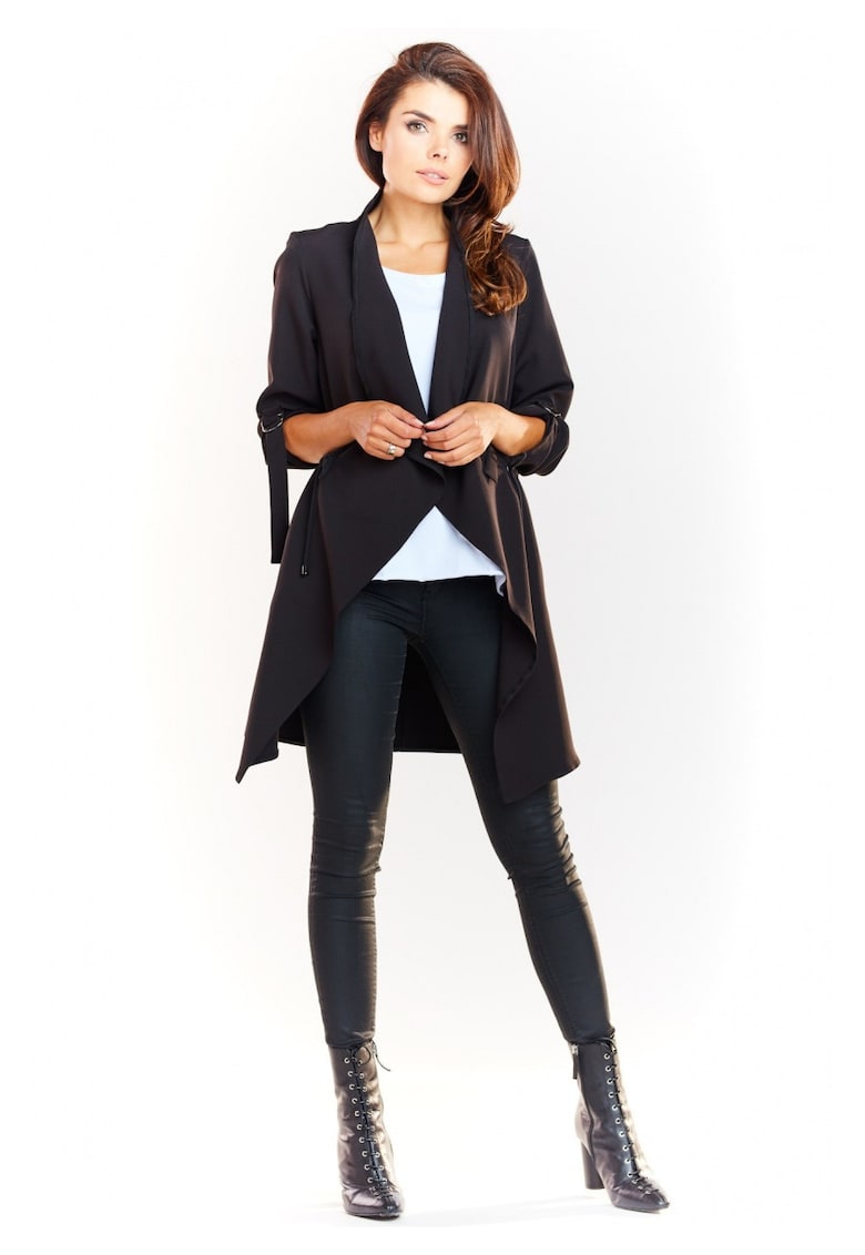 Sacou Elegant Lejera De Dama - Bleumarin - Design In Stil Redingota Fara Inchidere - Material Calitativ Din Poliester Si Elastan - Maneci Lungi Cu Aplicatii Metalice - Clape Mari In Fata - Croiala Confortabila - Casual Lux - Albastru inchis