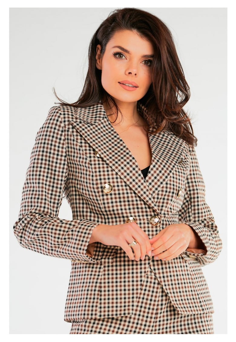 Sacou Cambrat Elegant Cu Doua Randuri De Nasturi - Marimea XL - Maro - Imprimeu In Carouri - Material Premium - Rever Lat Deosebit - Inchidere Cu Nasturi Mari Aurii - Buzunare Cu Clape - Tinuta Office Perfecta Ce Accentueaza Talia - De Lux