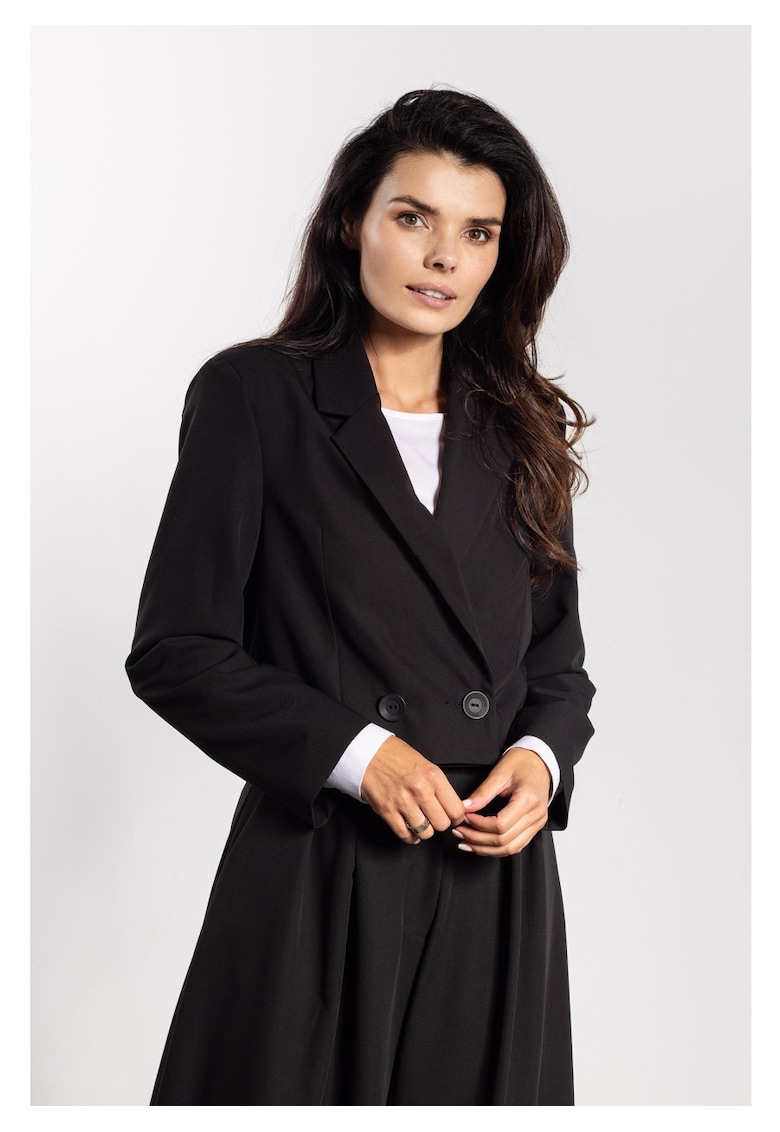 Sacou Elegant Scurt De Dama - Negru - Design Cu Doua Randuri De Nasturi - Material Premium Cu Viscoza - Croiala Lejera Supradimensionata Pana In Talie - De Confortabil - Office De Lux - Toamna Iarna - Negru