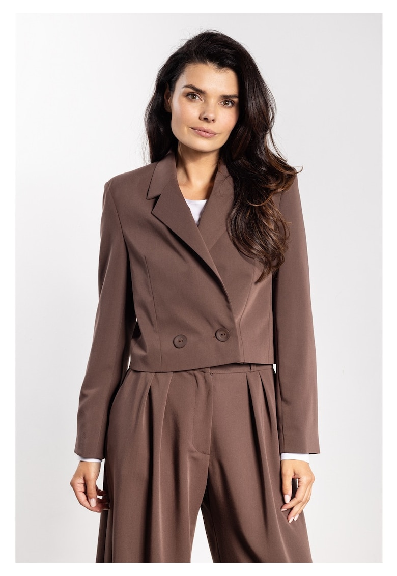 Sacou Elegant Scurt De Dama - Design Cu Doua Randuri De Nasturi - Material Premium Cu Viscoza - Croiala Lejera Supradimensionata Office De Lux Pentru Iarna - Ciocolatiu