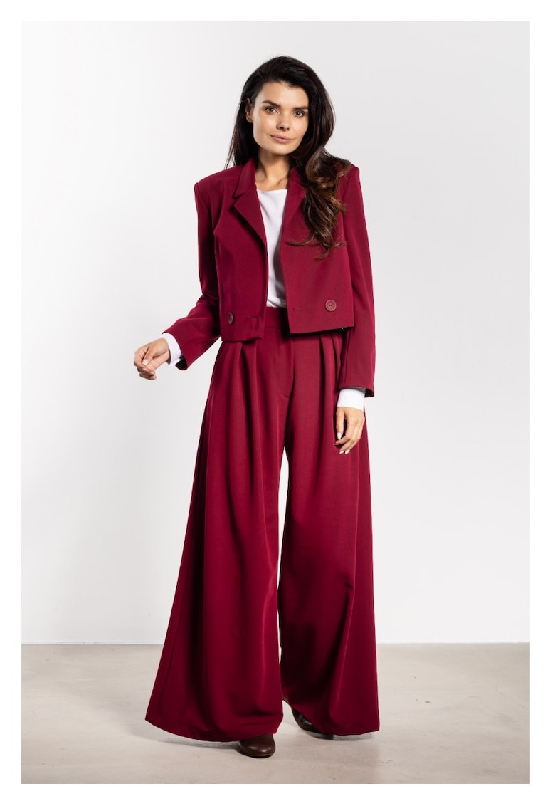 Sacou Elegant Scurt De Dama - Visiniu Burgund - Design Modern Cu Doua Randuri De Nasturi - Material Premium Cu Viscoza - Croiala Lejera Supradimensionata Confortabila Si Foarte Versatila - Jacheta Casual De Lux Pentru Toamna Si Iarna - Rosu