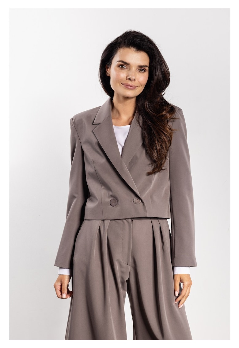 Sacou Elegant Scurt De Dama - Design Cu Doua Randuri De Nasturi - Material Premium Cu Viscoza - Croiala Lejera Supradimensionata Office De Lux Pentru Iarna - Maro taupe