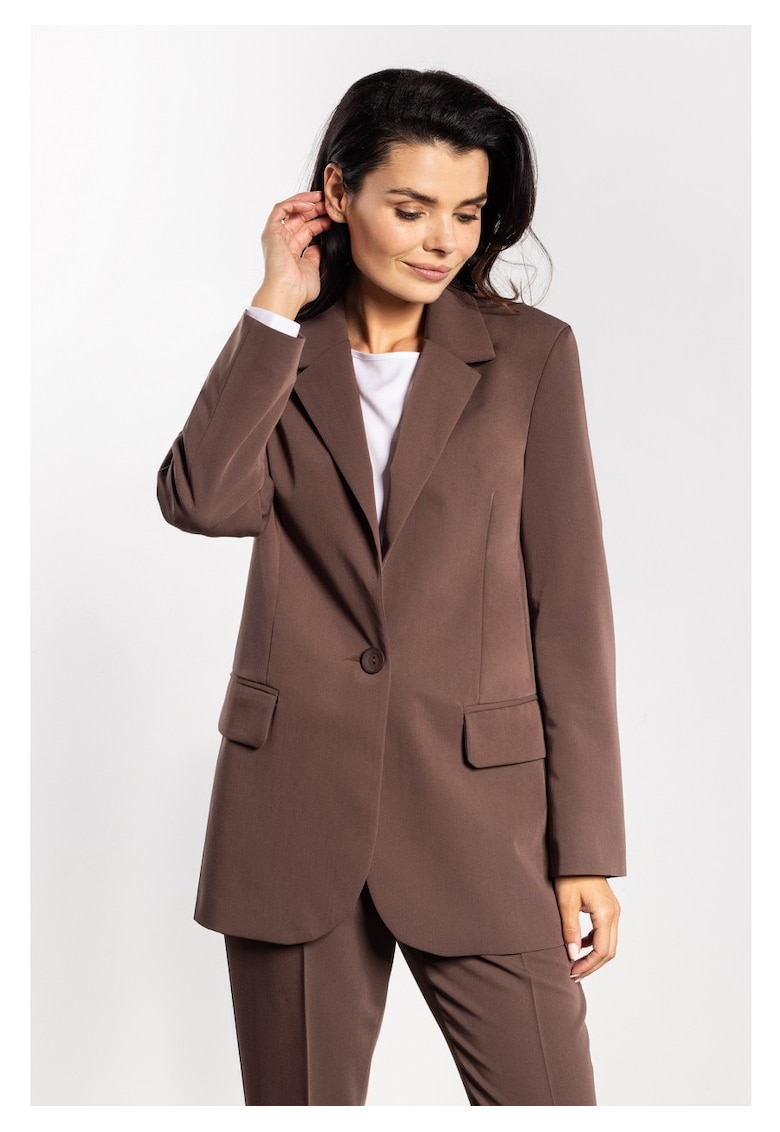 Sacou Elegant De Dama - Maro Ciocolatiu - Design Clasic Cu Rever Si Inchidere Cu Un Nasture - Material Premium Confortabil Cu Viscoza - Croiala Lejera Prevazuta Cu Buzunare Cu Clape - Tinuta Office De Lux - Pentru Toamna Iarna - Ciocolatiu