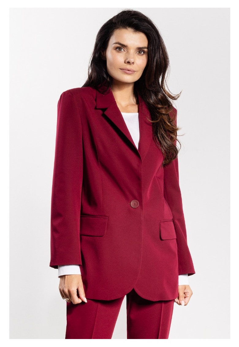 Sacou Elegant De Dama - Marimea M - Visiniu Burgund - Design Clasic Cu Rever Si Inchidere Cu Un Nasture - Material Premium Calitativ Cu Viscoza - Croiala Lejera Confortabila Prevazuta Cu Buzunare Cu Clape - Haine Office Casual De Lux - Versatil