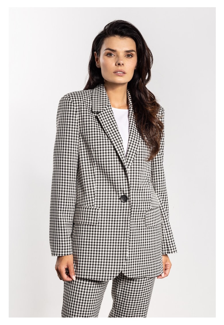Sacou Elegant De Dama - Negru Cu Alb - Imprimeu Clasic Atemporal In Carouri - Material Premium Cu Viscoza - Croiala Lejera Oversize Prevazuta Cu Buzunare Si Inchidere Cu Un Nasture - Haine Office De Lux Perfecte Pentru Toamna Iarna - Negru I Alb
