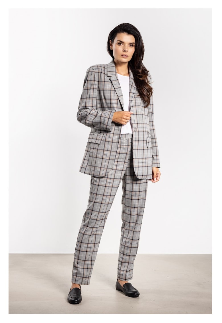 Sacou Elegant De Dama - Marimea XL - Gri - Imprimeu Clasic In Carouri - Material Premium Cu Viscoza - Croiala Lejera Confortabila Prevazuta Cu Buzunare Cu Clape - Inchidere Cu Un Nasture - Tinuta Office De Lux - Jacheta De Toamna Si Iarna - Nou