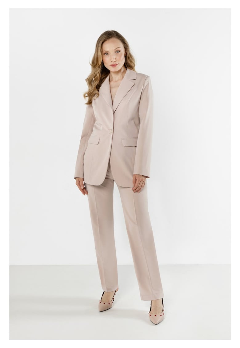 Sacou Elegant De Dama - Bej - Design Clasic Atemporal - Material Calitativ Cu Viscoza Si Elastan - Croiala Minimalista La Un Rand De Nasturi - Rever Elegant Si Buzunare Cu Clape - Tinuta Office Versatila - Jacheta Casual De Lux - Bej
