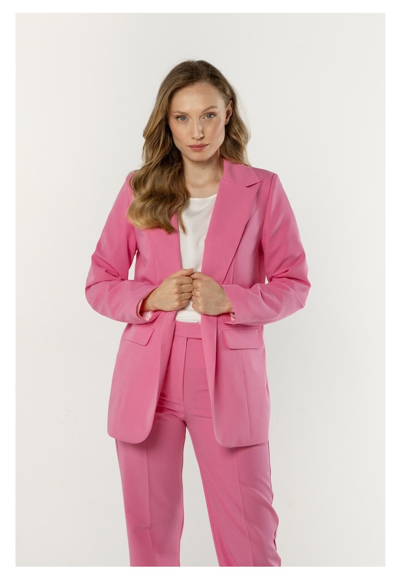 Sacou Elegant Lejer De Dama - Roz - Design Supradimensionat Oversize - Material Premium Cu Viscoza Si Elastan - Croiala Alungita Foarte Confortabila Prevazuta Cu Rever Clasic Si Buzunare - Tinuta De Birou Sau Evenimente - De Lux - Roz