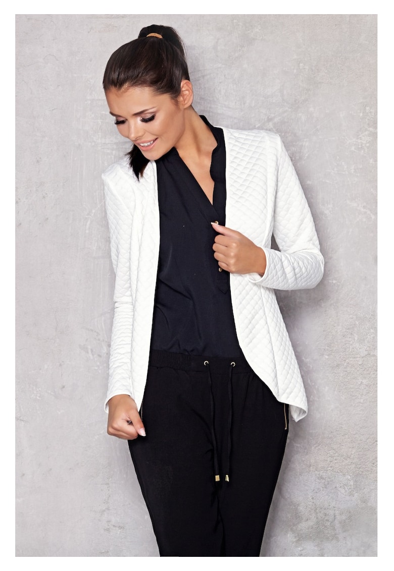 Sacou Cambrat De Dama - Alb - Textura Matlasata - Material Jerseu Premium - Design Modern Ce Accentueaza Talia - Inchidere Discreta Cu Mos Si Baba - Stil Casual-Elegant - Jacheta Versatila Office - Haine Dama Deosebite - Lux - Alb
