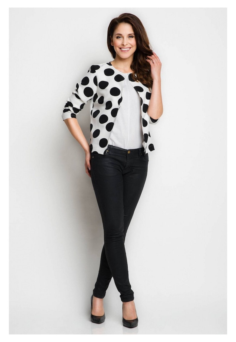 Sacou Elegant De Dama Fara Inchidere - Alb Cu Buline Bleumarin - Imprimeu La Moda Cu Buline - Material Calitativ Cu Elastan - Maneci Lungi - Croiala Deosebita Ce Ofera Libertate De Miscare - Jacheta Office Sau Casual - Haine Lux - Alb
