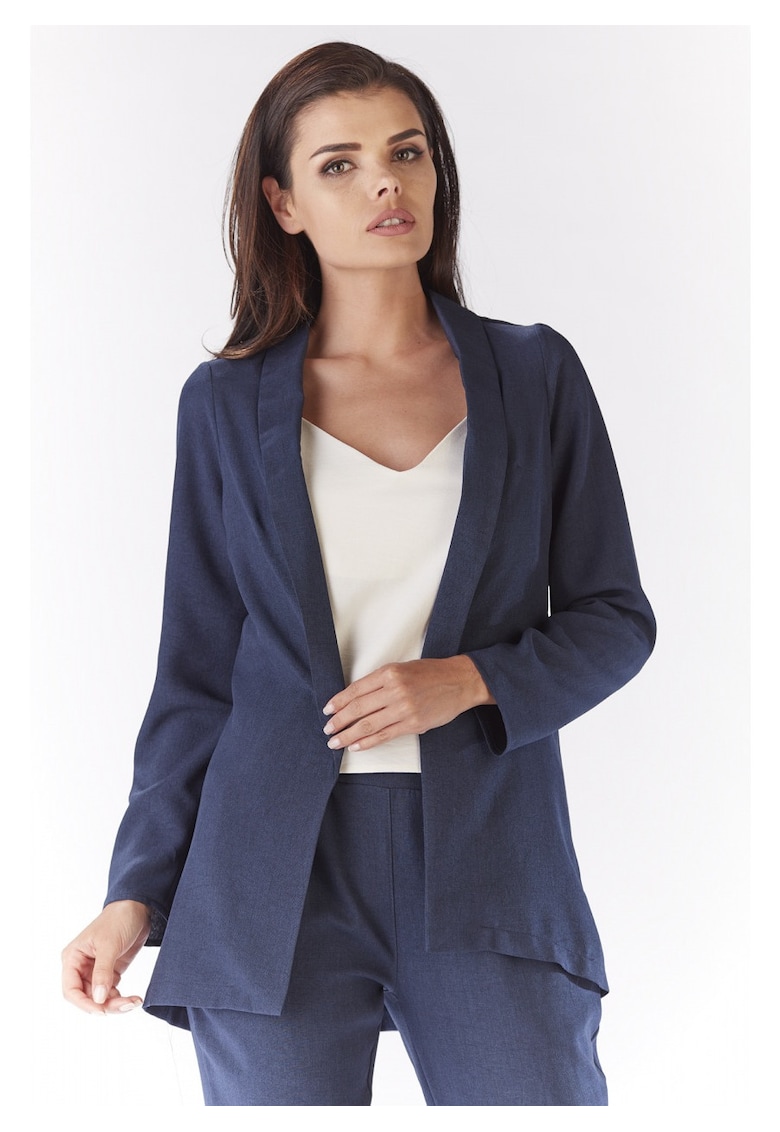 Sacou Lejer De Dama Cu Guler Sal - Bleumarin - Design Minimalist Modern - Material Premium Poliester Si In - Maneci Lungi - Croiala Relaxata Ideala Pentru Completarea Tinutelor De Vara - Sacou Elegant Si Versatila - Stil Casual-Chic - Lux - Albastru inc