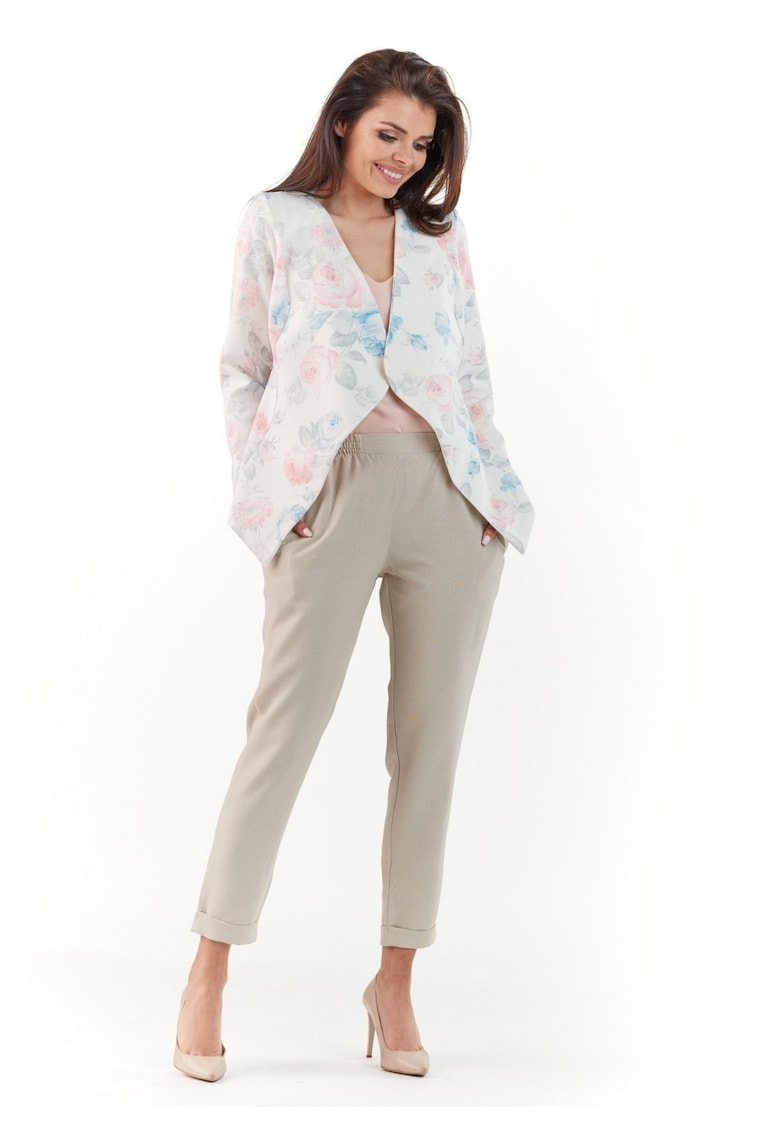 Sacou Elegant De Dama - Flori Pastelate - Design Asimetric Cu Imprimeu - Material Premium Cu Elastan - Croiala Moderna Care Pune In Valoare Silueta - Tinuta Versatila Perfecta Pentru Evenimente Si Birou - Stil Casual-Elegant - De Lux - Alb crem