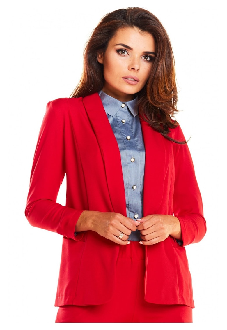 Sacou Elegant Lejer De Dama - Marimea S - Rosu - Design Cu Decolteu Sal Fara Inchidere - Material Premium Cu Elastan - Croiala Confortabila Ideala Pentru O Tinuta Office Sau Evenimente Speciale - Haine Deosebite - Stil Casual-Chic - Lux