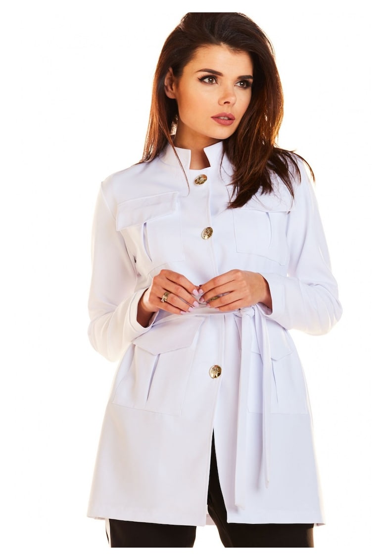 Sacou Elegant In Stil Militar De Dama - Marimea XL - Alb - Design Cu Guler Tunica Si Buzunare Mari - Material Premium Poliester Si Elastan - Croiala Relaxata Cu Talia Accentuata De O Curea De Legare - Nasturi Aurii - Jacheta Casual De Lux