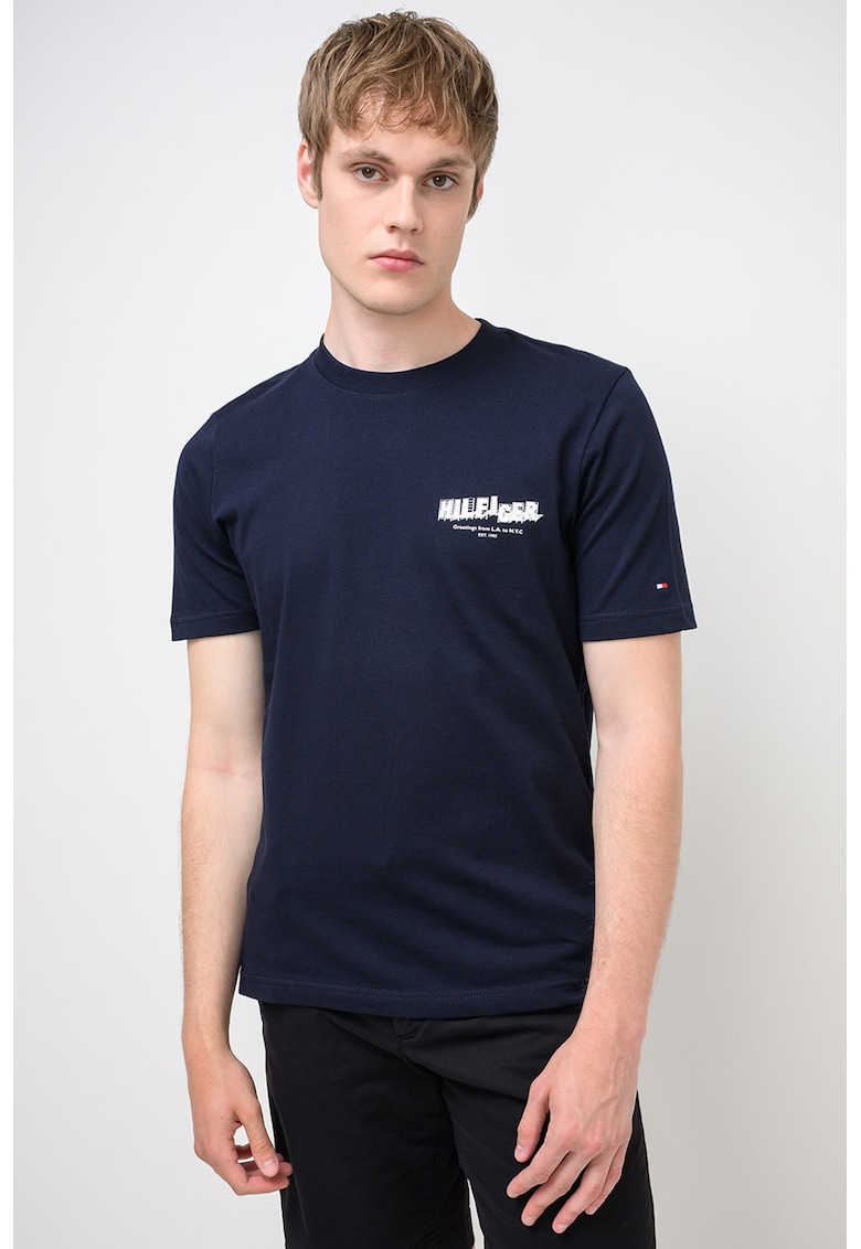 Tricou din bumbac cu imprimeu foto pe partea din spate - Bleumarin