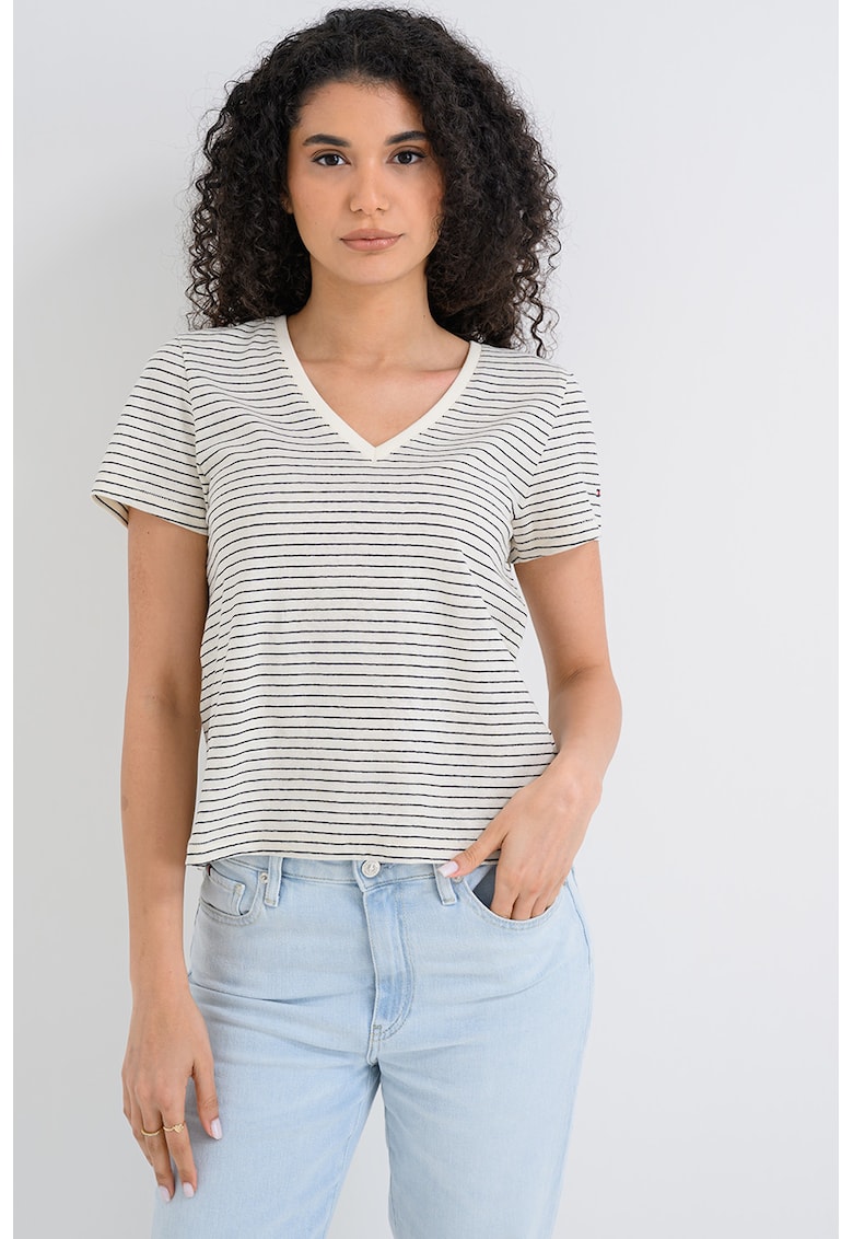 Tricou din amestec de in cu decolteu in V - Alb murdar/Bleumarin