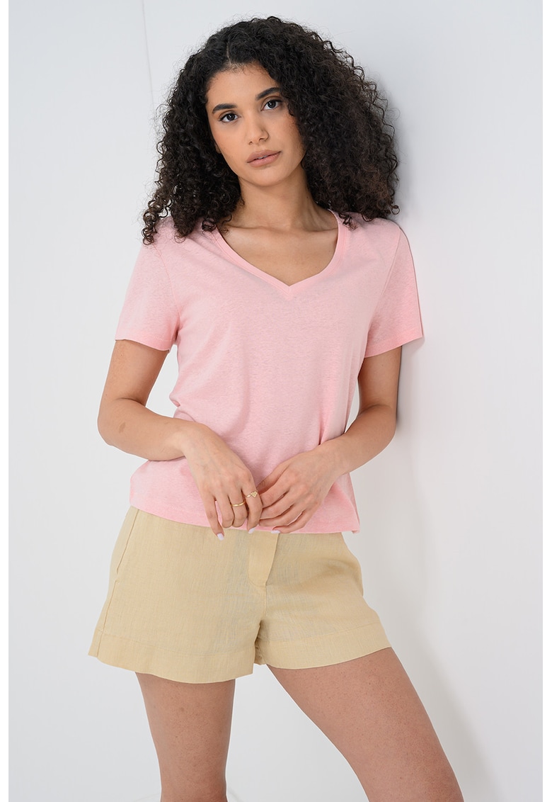 Tricou din amestec de in cu decolteu in V - Roz pal