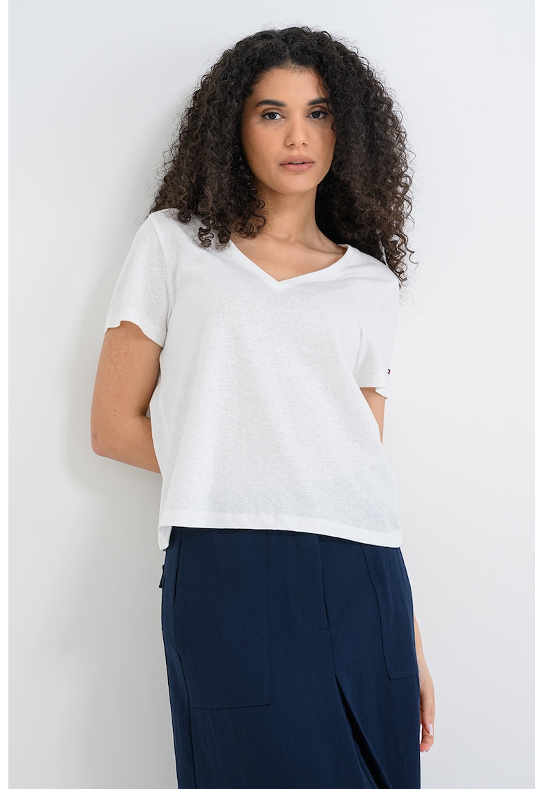 Tricou din amestec de in cu decolteu in V - Alb murdar