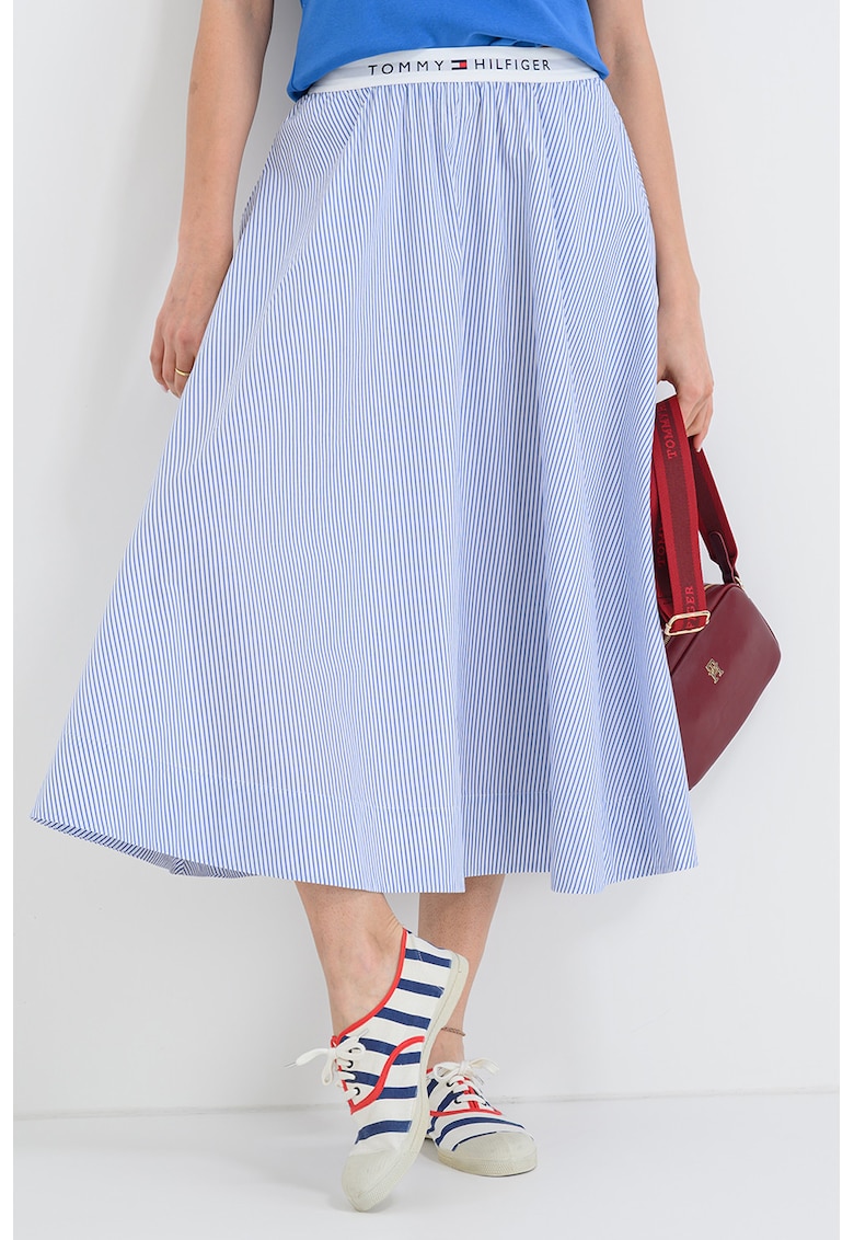 Fusta midi din bumbac organic - Alb/Albastru pastel