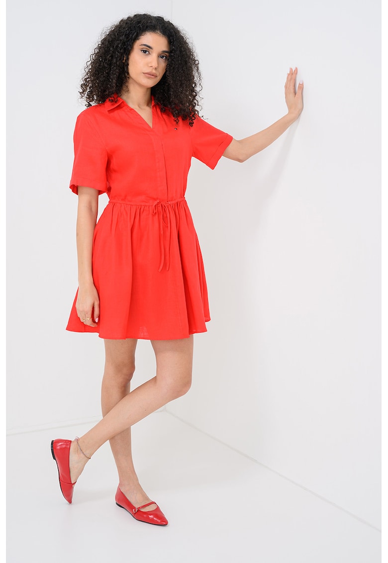 Rochie mini din in cu cordon in talie - Rosu