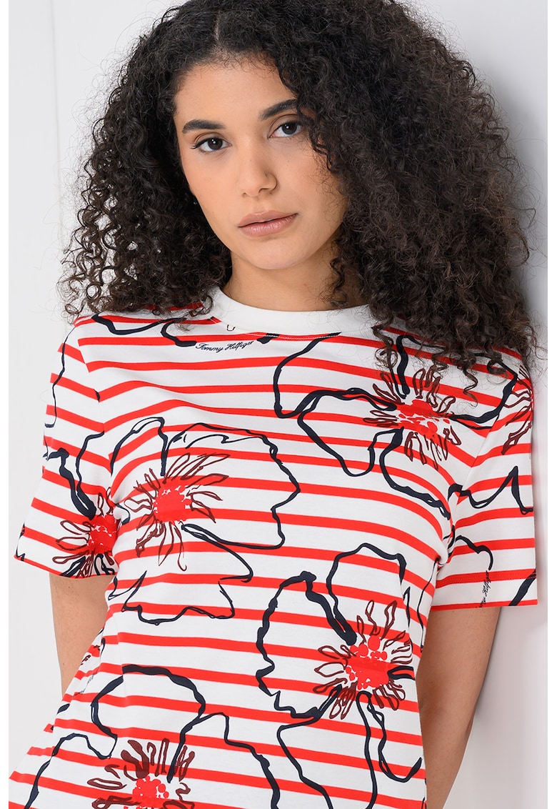 Tricou regular fit cu model in dungi si flori - Rosu/Alb/Negru