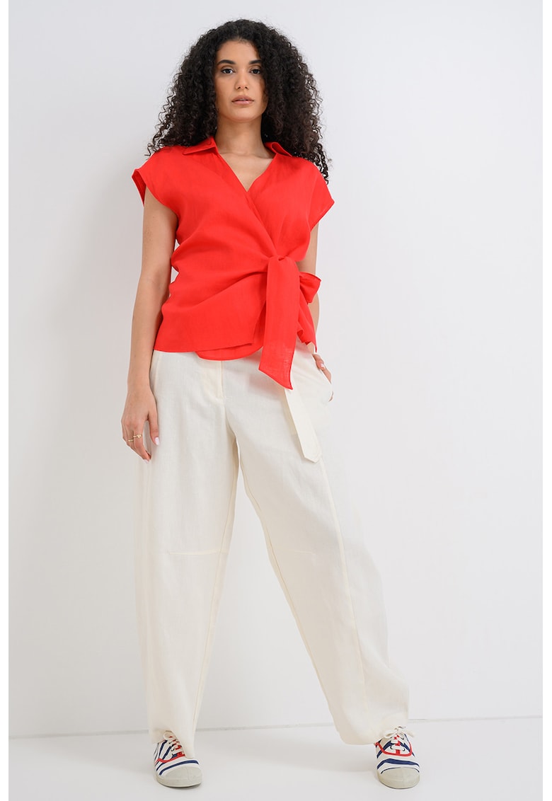 Bluza polo din in cu model cu nod - Rosu