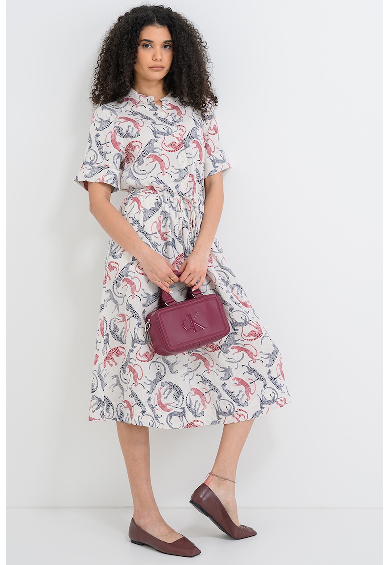 Rochie midi din in cu model si snur de ajustare in talie - Rosu/Alb murdar/Bleumarin
