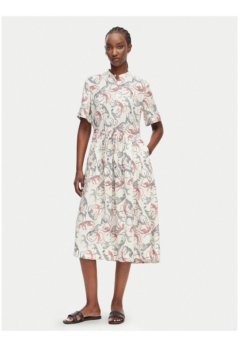 Rochie midi din in cu model si snur de ajustare in talie - Rosu/Alb murdar/Bleumarin
