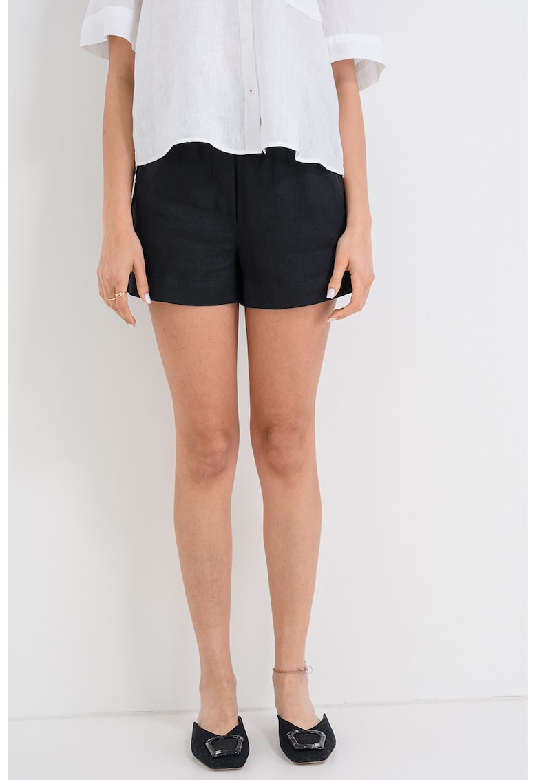 Pantaloni scurti din in cu talie inalta - Negru