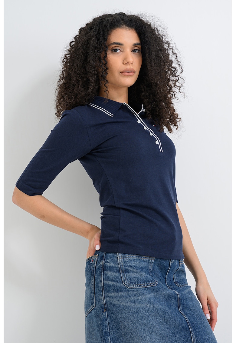 Bluza polo din amestec de lyocell si bumbac cu maneci medii - Bleumarin