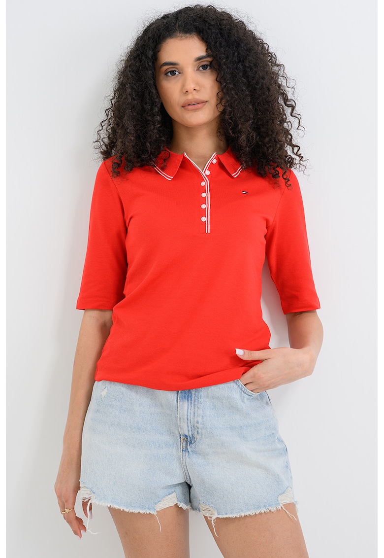 Bluza polo din amestec de lyocell si bumbac cu maneci medii - Rosu