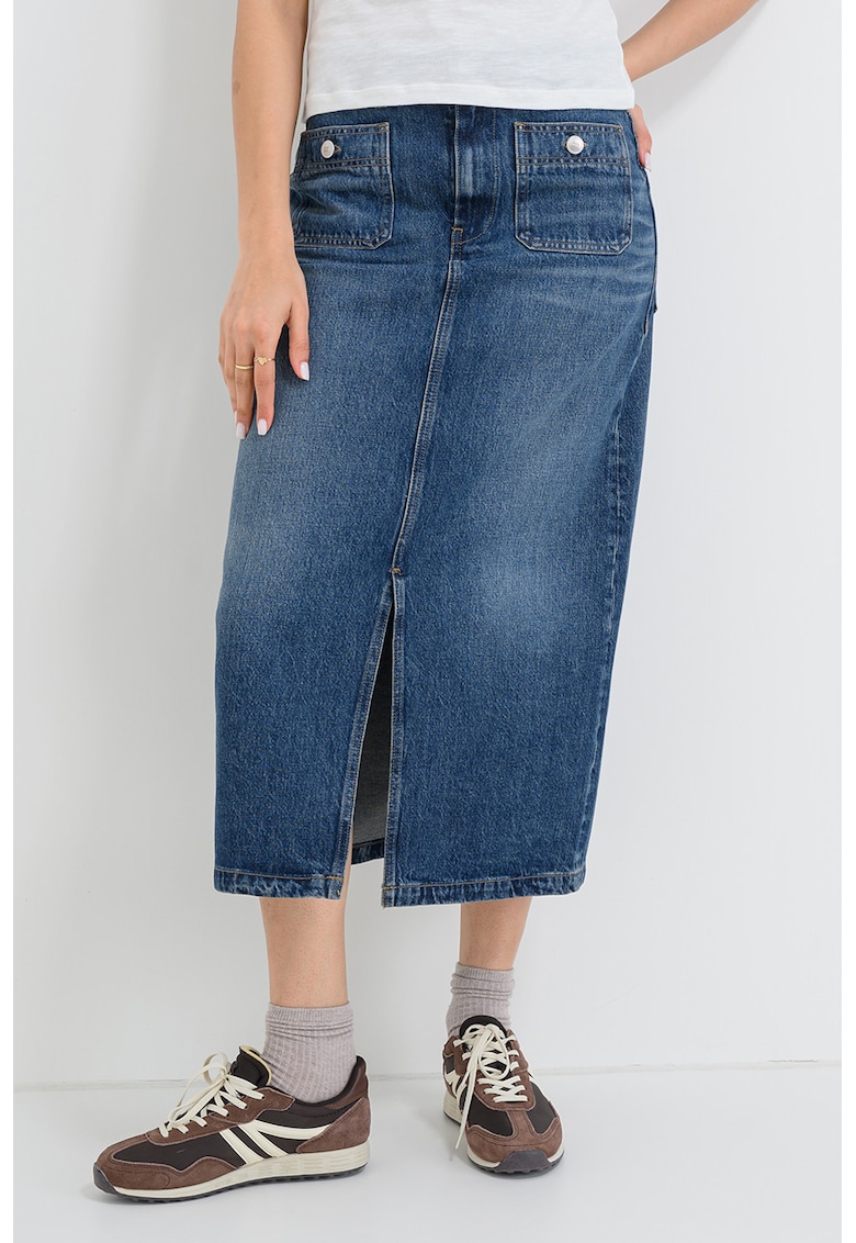 Fusta lunga din denim cu slit frontal - Albastru prafuit