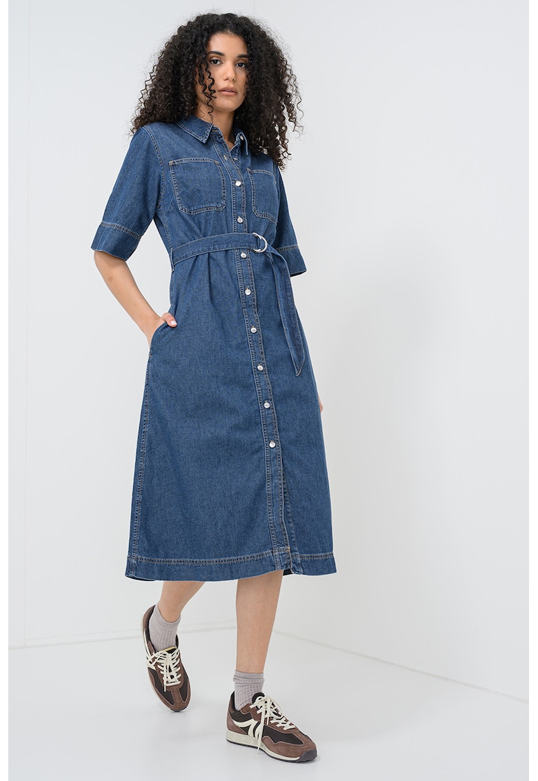 Rochie evazata din denim cu nasturi - Albastru prafuit