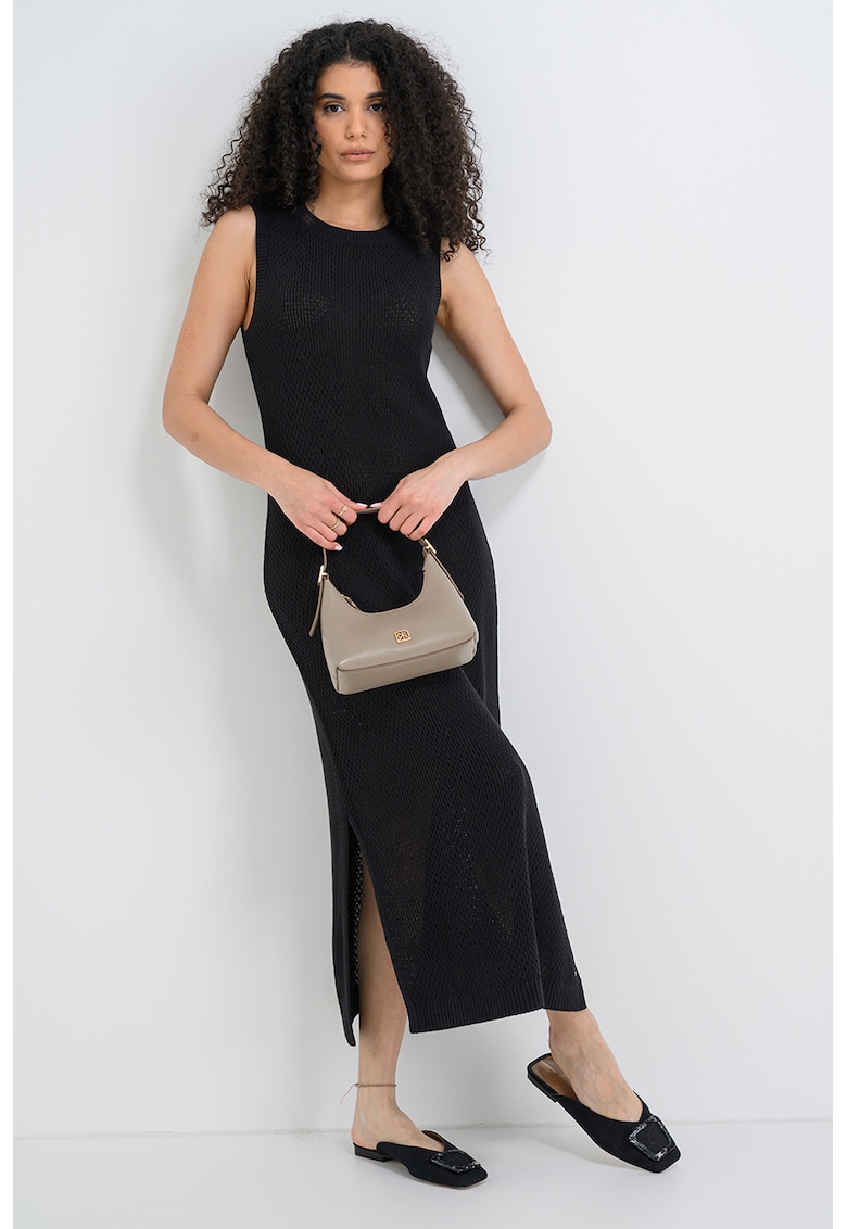 Rochie lunga tricotata fin cu slituri laterale - Negru