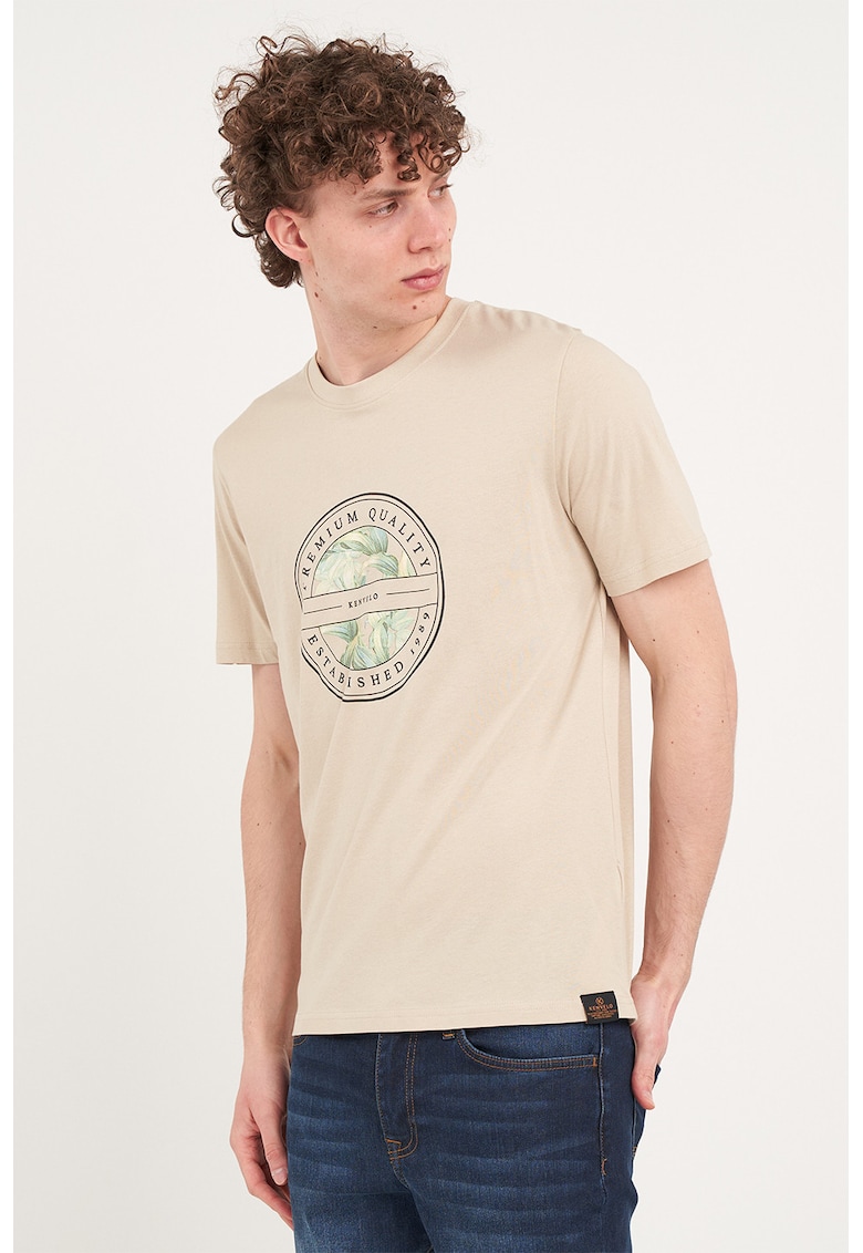 Tricou de bumbac cu imprimeu pe piept - Bej