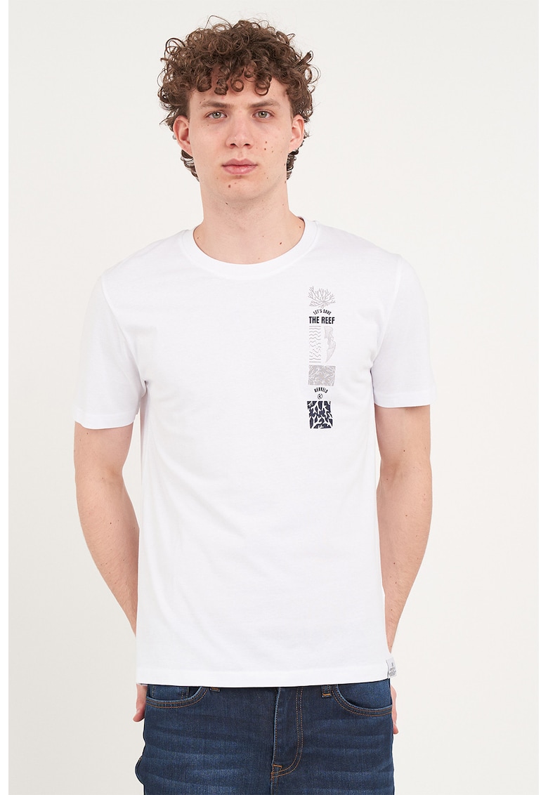Tricou cu decolteu la baza gatului si imprimeu grafic si text - Alb