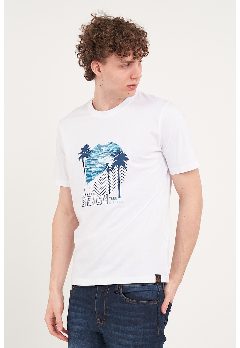Tricou de bumbac cu imprimeu tropical - Alb/Bleumarin