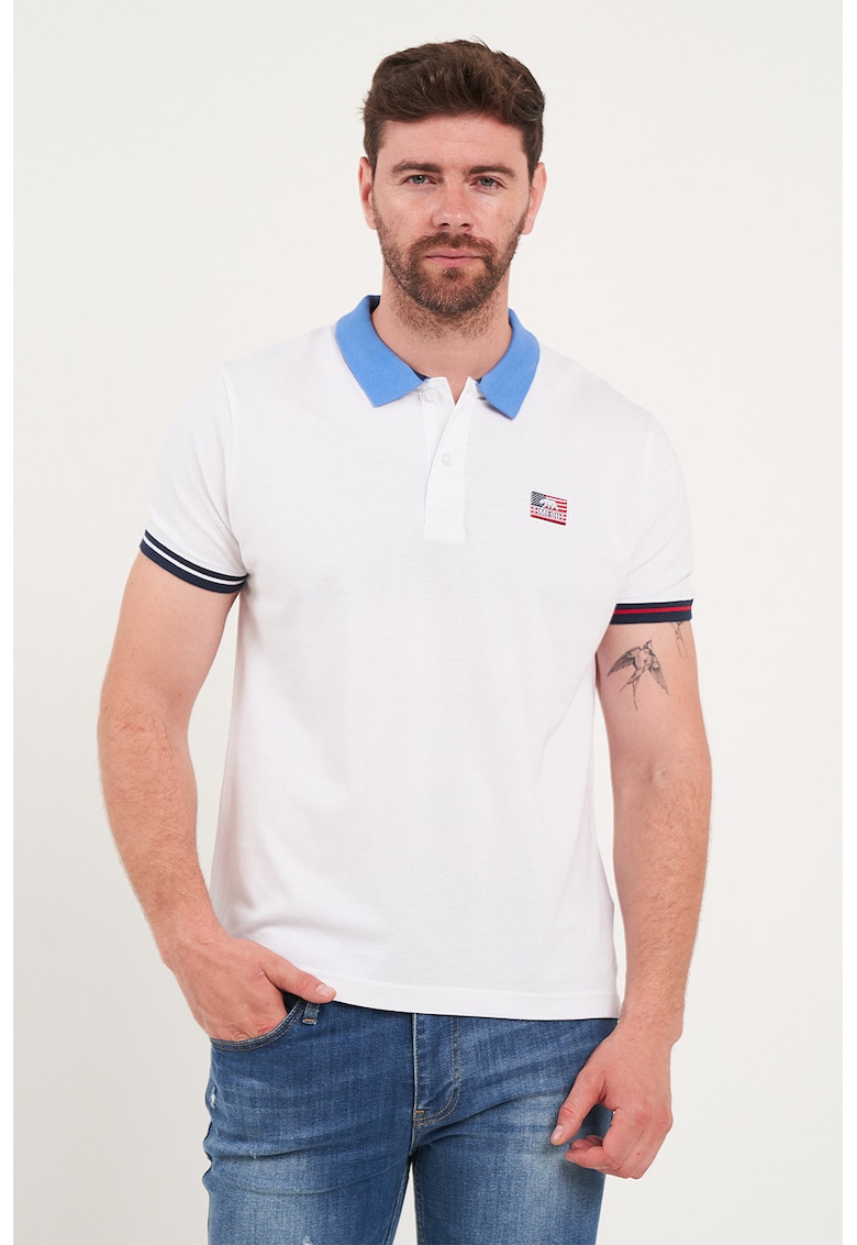 Tricou polo cu guler si mansete contrastante - Alb/Albastru