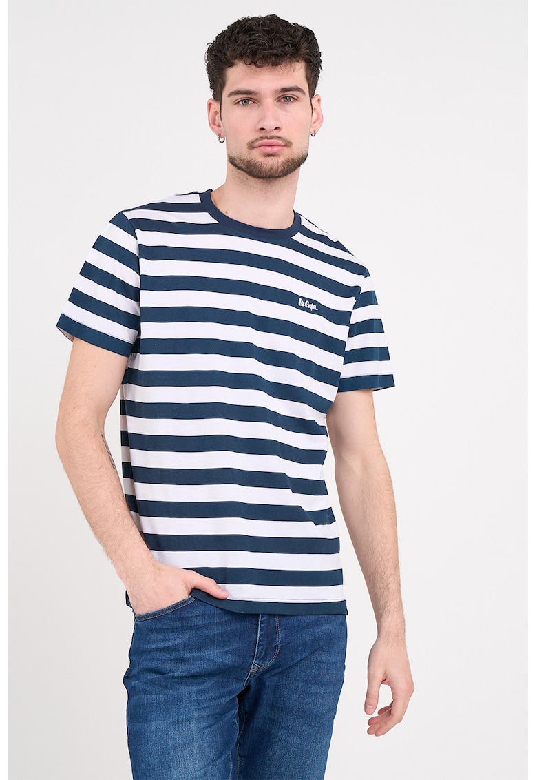 Tricou cu dungi si logo discret - Alb/Bleumarin